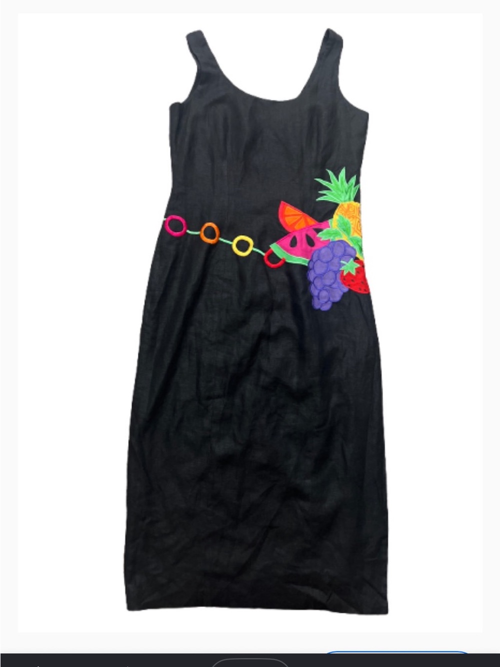 Vintage Festival Black Linen Sleeveless Midi Dress with Colorful Fruit Motif